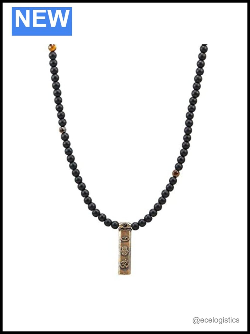 Mens Onyx Tiger Eye Hamsa Evil Eye OM Bronze Pendant Necklace 24 in